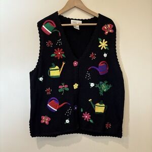 Mandal Bay Womens Sweater‎ Vest XL Black Garden Print Embroidered Novelty Granny